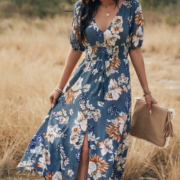 boho floral print v neck slit black midi dress - Picture 3 of 11
